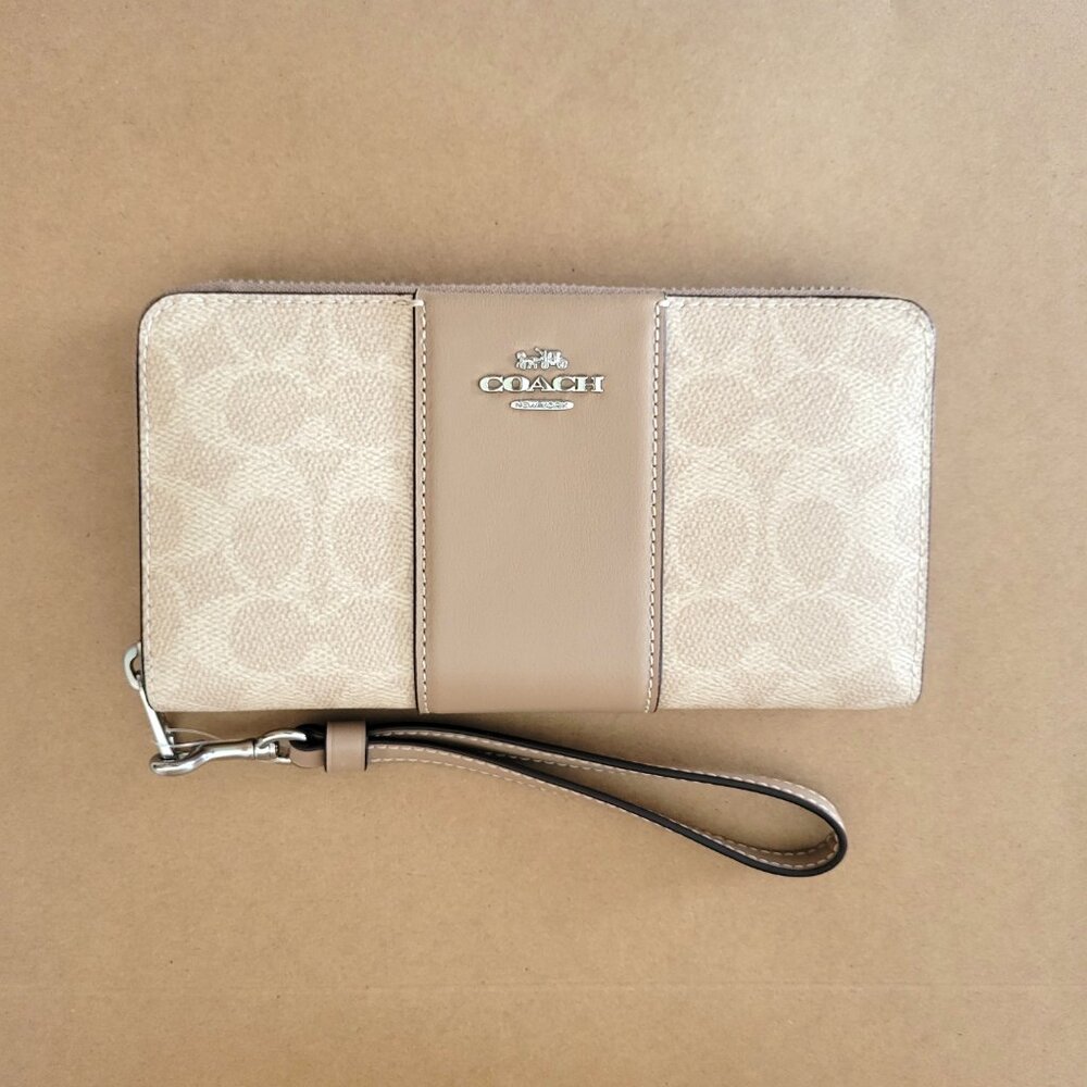 Coach CW947 Long Zip Around Wallet Signature Stripe Clutch Wristlet Sand Taupe - Picture 3 of 5